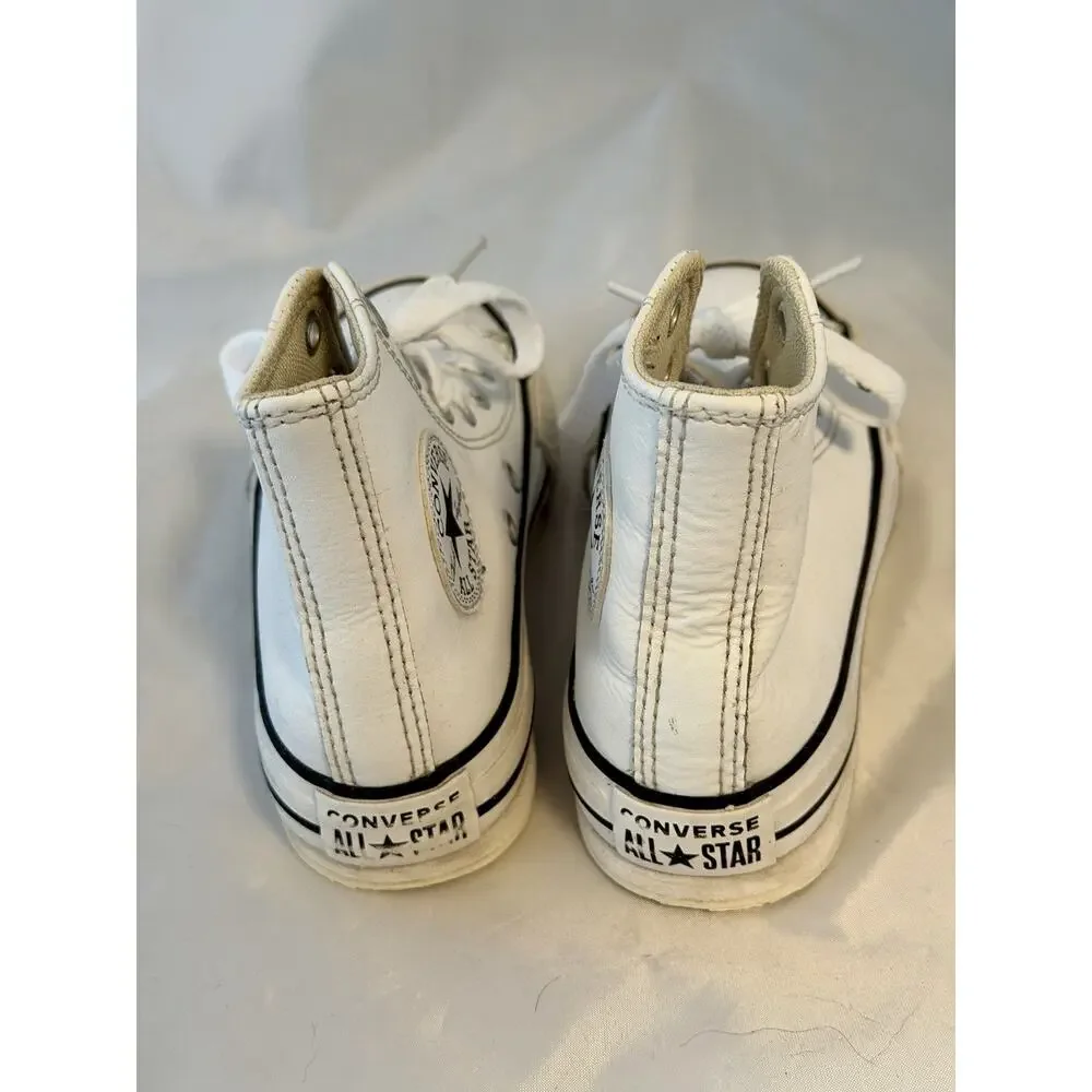 White Leather Platform Converse Trainers Youth Size 12 Hi Tops All Stars